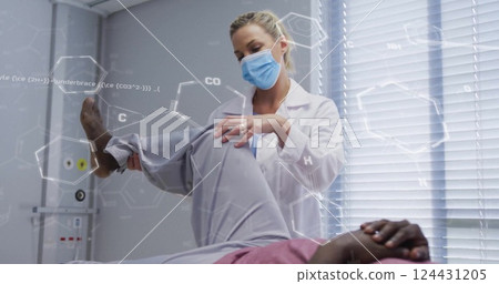 Image of chemmical formula over diverse female doctor and male patient Image of chemmical formula over diverse female doctor and male patient 124431205