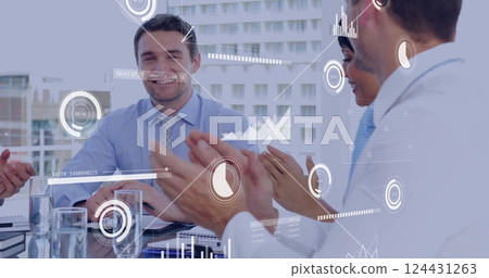Image of financial data processing over diverse business people clapping in meeting 124431263