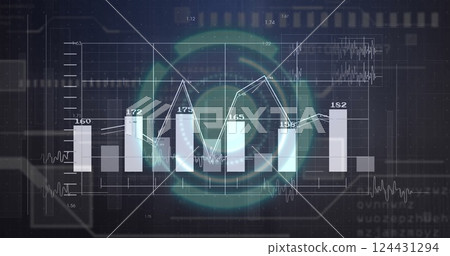 Image of financial data processing and statistics over dark background Image of financial data processing and statistics over dark background 124431294