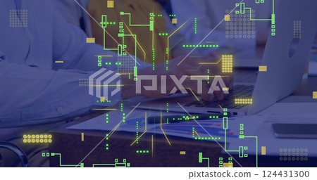 Image of connections over caucasian businessman using computer in office Image of connections over caucasian businessman using computer in office 124431300