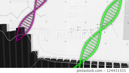 Image of dna strands over data processing on white background 124431331