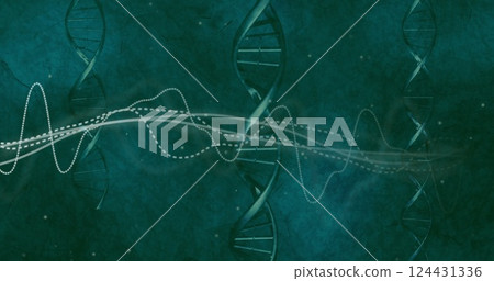 Image of white lines over dna strands on black background 124431336