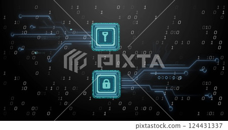 Image of data processing over key and padlock icons on black background 124431337