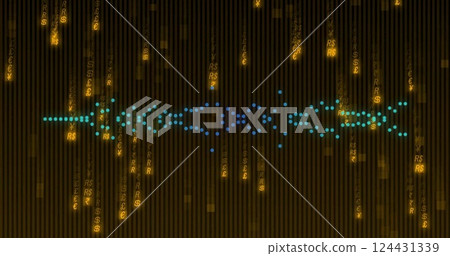 Image of data processing over moving columns on black background Image of data processing over moving columns on black background 124431339