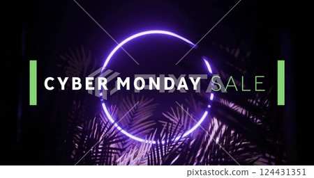Image of cyber monday sale text over glowing leaves neon background Image of cyber monday sale text over glowing leaves neon background 124431351