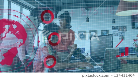 Business people in office with financial data and growth chart image over grid Business people in office with financial data and growth chart image over grid 124431404