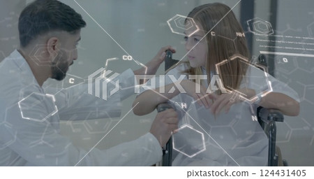 Chemical structures and molecular formulas image over doctor examining young patient Chemical structures and molecular formulas image over doctor examining young patient 124431405