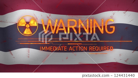 Warning and immediate action required image over waving flag background 124431440