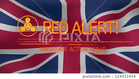 Red Alert! Immediate action required image over United Kingdom flag background 124431454