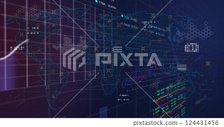 Global data visualization and analytics image over world map and graphs 124431456