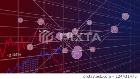 Network of connections and financial data image over graph with red and blue lines Network of connections and financial data image over graph with red and blue lines 124431476