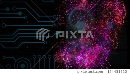 Digital circuit and data visualization image over colorful particle explosion Digital circuit and data visualization image over colorful particle explosion 124431510