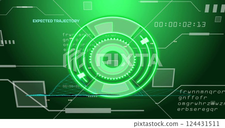 Radar and data analysis image over green background with mountains and text 124431511