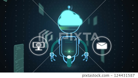 Robot with cloud head and icons, technology and communication image Robot with cloud head and icons, technology and communication image 124431587