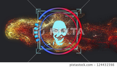 Digital face and speedometer image over abstract background with red and blue elements 124431598