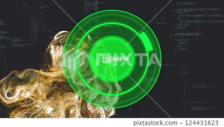 Speedometer image displaying 85 MPH over abstract digital background 124431623