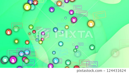 Social media interaction image over green abstract background with user icons and chat bubbles 124431624