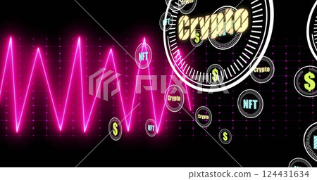 Crypto and NFT symbols image over black grid background Crypto and NFT symbols image over black grid background 124431634