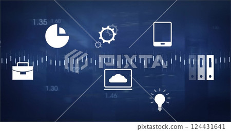 Business icons including pie chart, gears, and light bulb over timeline image 124431641