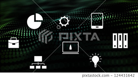 Technology icons image over digital green and black dotted background 124431642