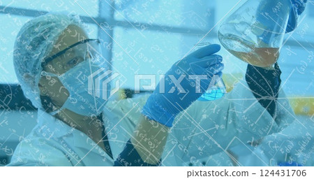 Image of mathematical equations over biracial female scientist working in lab Image of mathematical equations over biracial female scientist working in lab 124431706