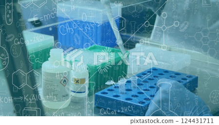 Image of mathematical equations over biracial female scientist working in lab Image of mathematical equations over biracial female scientist working in lab 124431711