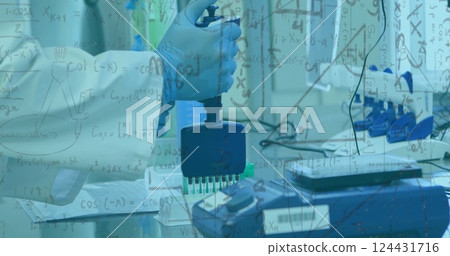 Image of mathematical equations over biracial female scientist working in lab 124431716