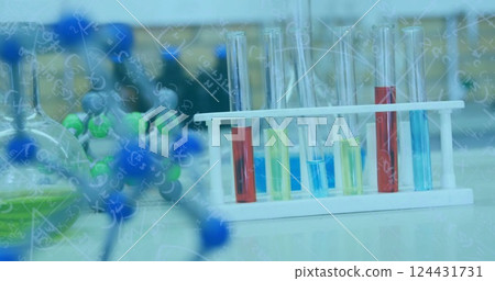 Image of mathematical equations over equipment in lab 124431731