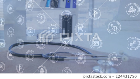 Image of business icons over stethoscope in hospital office Image of business icons over stethoscope in hospital office 124431750