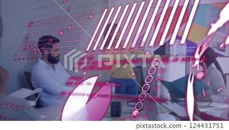 Image of financial data processing over diverse colleagues having meeting in office Image of financial data processing over diverse colleagues having meeting in office 124431751