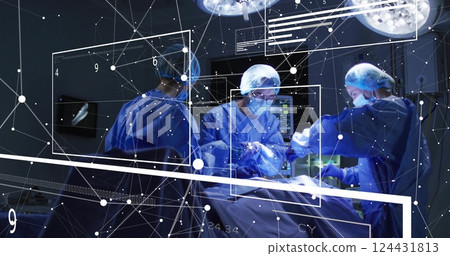 Image of data processing and diagrams over diverse surgeons in operating room Image of data processing and diagrams over diverse surgeons in operating room 124431813