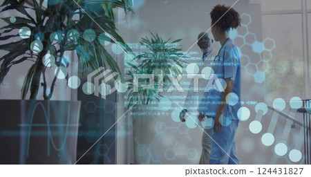 Image of data processing and dna strand over diverse doctors talking Image of data processing and dna strand over diverse doctors talking 124431827
