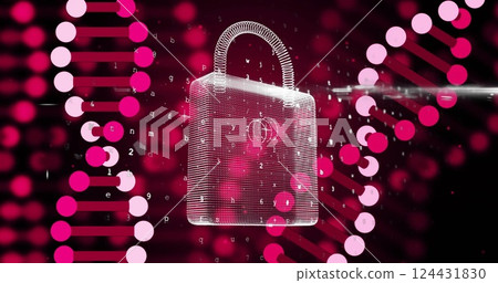 Image of dna strands, scientific data processing over padlock 124431830