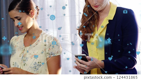 Image of network of connections with digital icons over caucasian businesswoman using smartphone 124431865