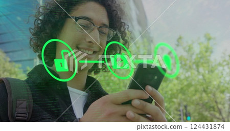 Image of network of connections with digital icons over biracial man using smartphone 124431874