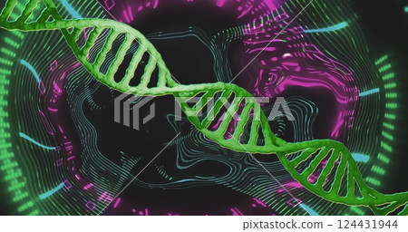 Image of dna strand over neon shapes moving 124431944