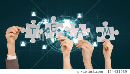 Image of hands holding team text over media icons 124431989