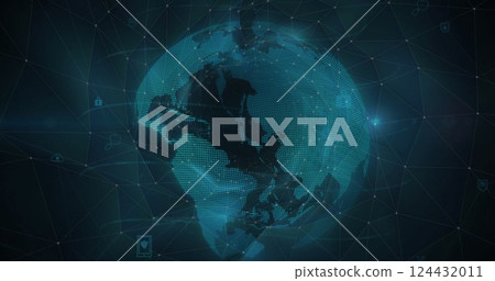 Image of network of connections and data processing over globe on black background Image of network of connections and data processing over globe on black background 124432011