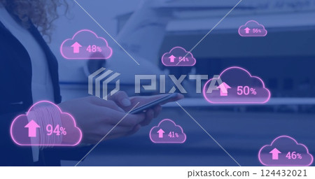 Image of cloud and percent growing over caucasian businesswoman using smartphone 124432021