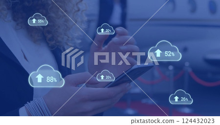 Image of clouds with percents and arrows over caucasian businesswoman using smartphone 124432023