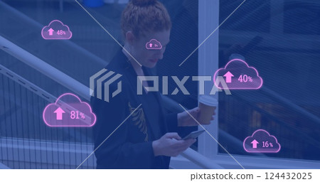 Image of clouds with percents and arrow over caucasian businesswoman using smartphone 124432025
