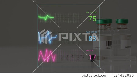 Image of cardiograph over vials and syringe on white background 124432056