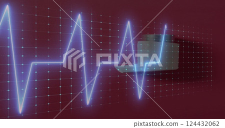 Image of cardiograph over inhaler on red background 124432062