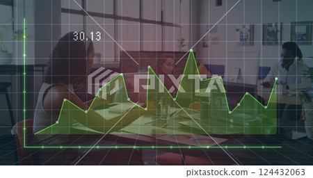 Image of financial data processing over diverse colleagues working in office Image of financial data processing over diverse colleagues working in office 124432063
