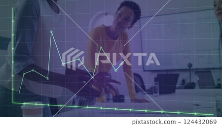 Image of financial data processing over diverse colleagues discussing work in office 124432069