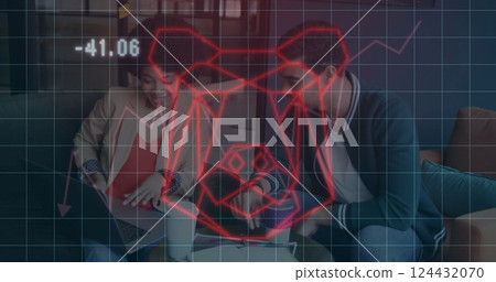 Image of financial data processing and bear icon over diverse colleagues working in office 124432070