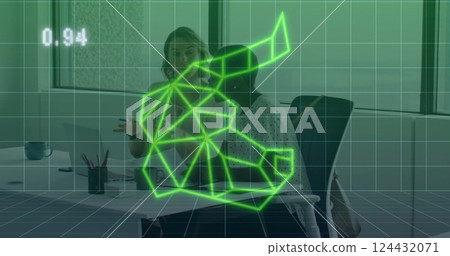 Image of financial data processing and bull over diverse colleagues working in office Image of financial data processing and bull over diverse colleagues working in office 124432071