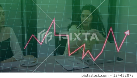 Image of financial data processing over diverse colleagues discussing work in office Image of financial data processing over diverse colleagues discussing work in office 124432072