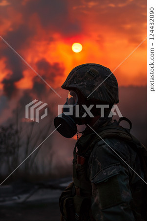 A soldier in antipsychotic gas mask against sunset smoke after shelling 124432090