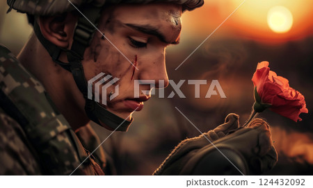 Emotional scene of a soldier tenderly holding a flower on the battlefield 124432092